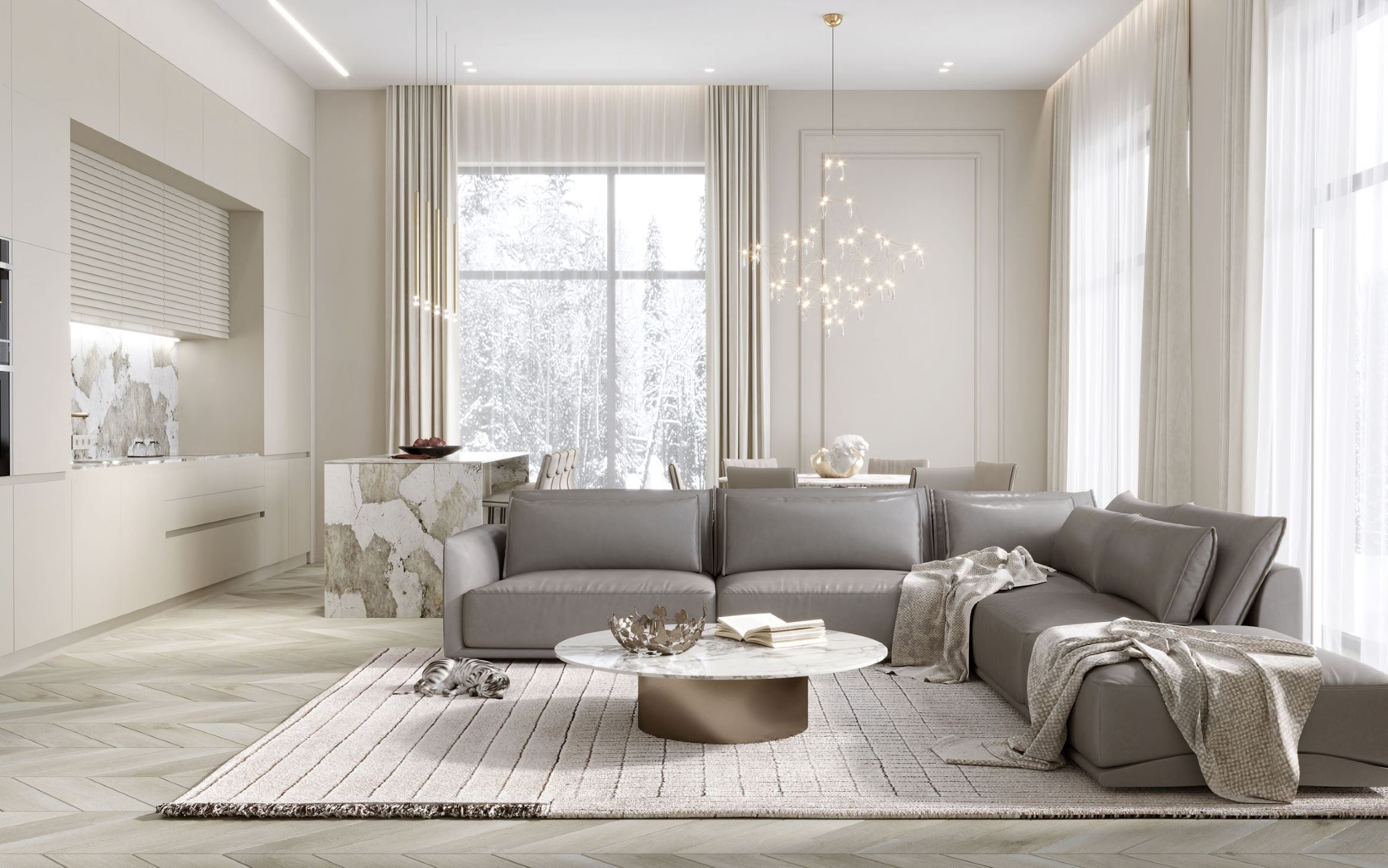 Dzīvojamā māja Baložos - gaiša un plaša dzīvojamā istaba ar pelēku luksus dīvānu pa vidu, interjers bēšās krāsās
